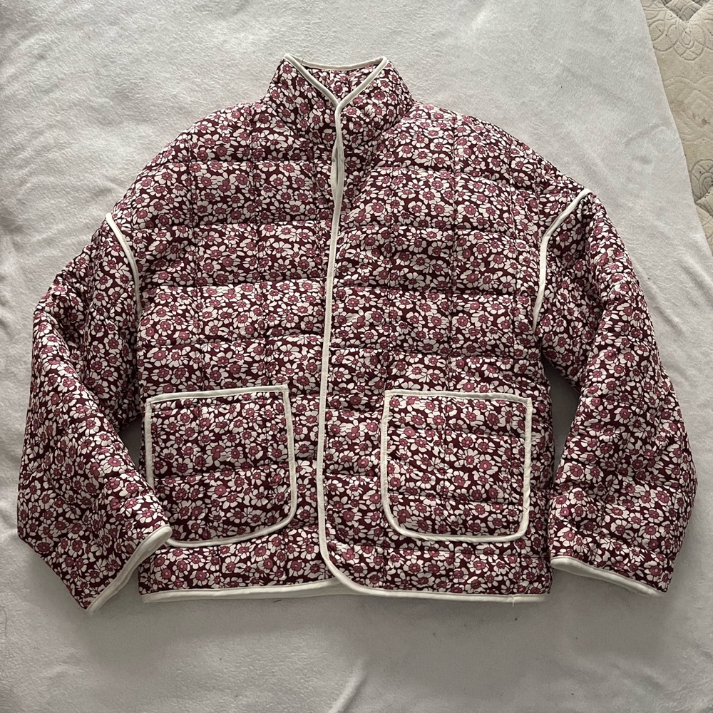 Floral Puffer Jacket with White Trim